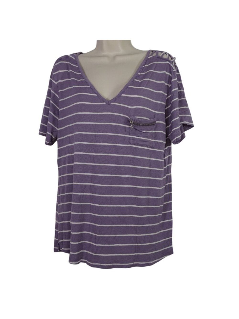 Glitz Purple White Striped V-Neck Knit Top Women Size 2X Pocket Short Sleeve